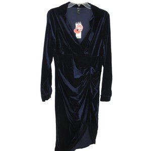 Blue Velvet Dress XL Long Sleeve Side Gather Asymmetrical Hem Fairy Grunge